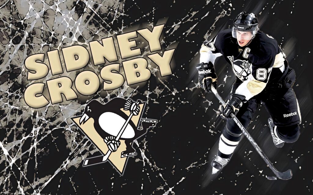Sidney Crosby Pittsburgh Penguins action shot wallpaper with vibrant splatter background and logo