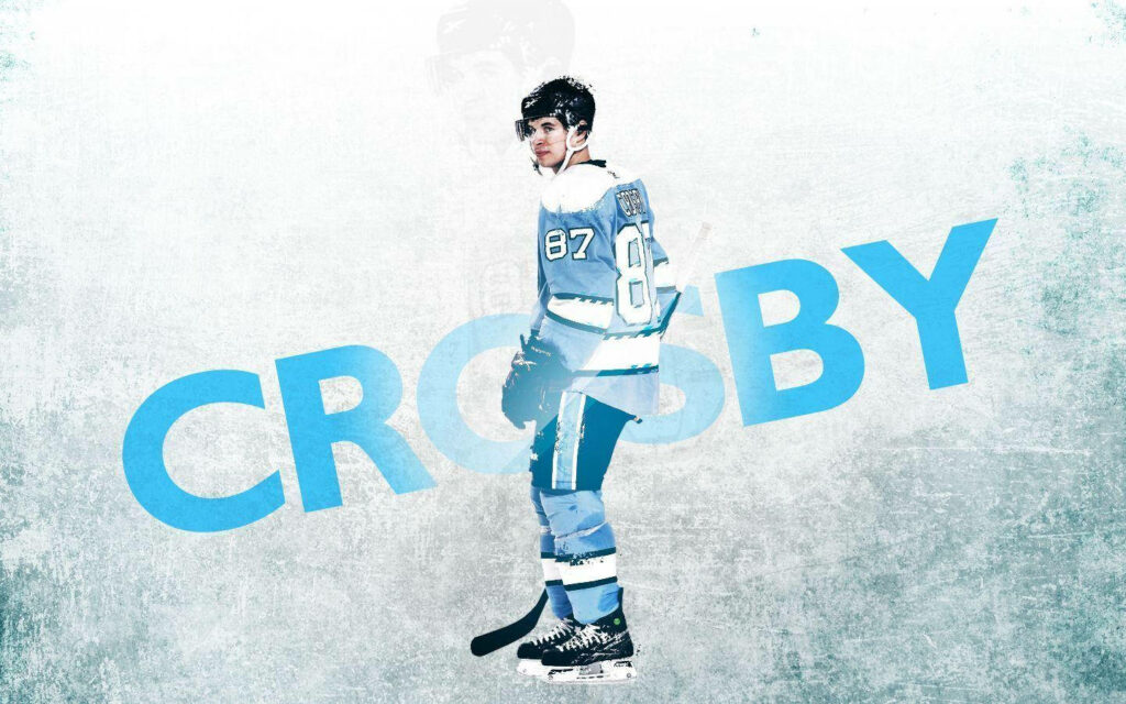 Sidney Crosby in hockey uniform with bold blue Crosby text highlighting ice hockey legend Wallpaper