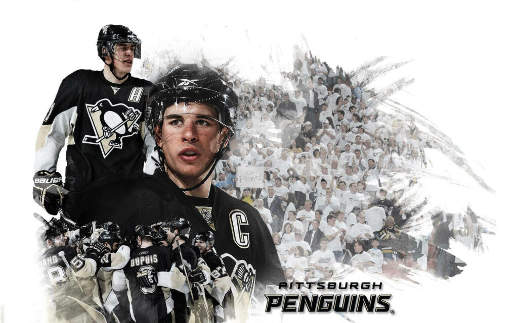Sidney Crosby Pittsburgh Penguins hockey wallpaper with action shots team celebration crowd background