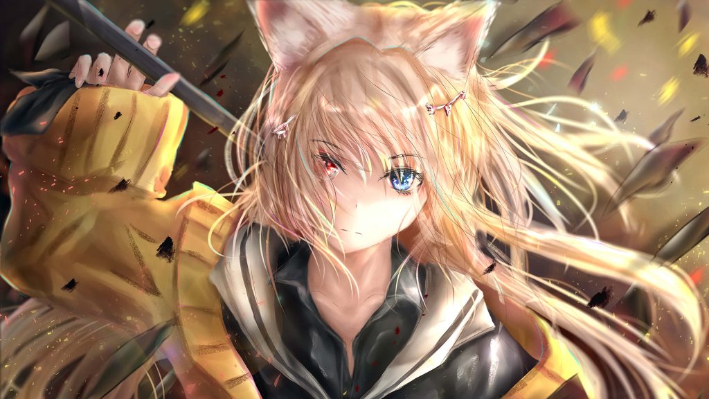 Arknights Siege anime wallpaper with blonde hair yellow jacket heterochromia eyes battlefield