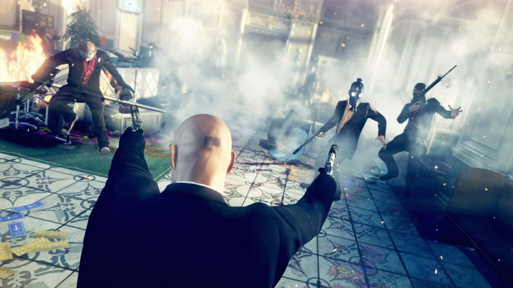 Sleek Assassin: Agent 47 Ready for a Silent Elimination in Shadowy Urban Landscape Wallpaper