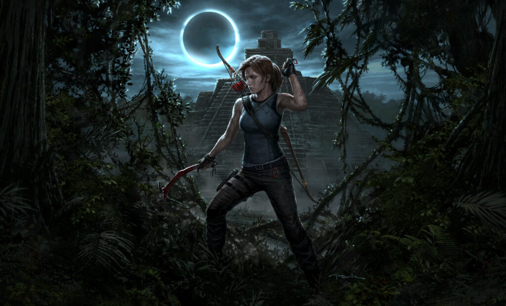 A Spectacular Journey Through the Mystical Shadows: Lara Croft Ventures into the Enchanted Moonlit Forest of Shadow of the Tomb Raider Wallpaper