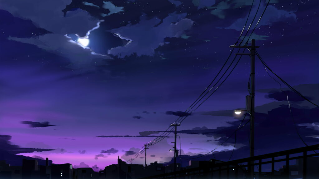 Moonlit Serenity: A Tranquil Anime Night Beneath the Power Lines Wallpaper