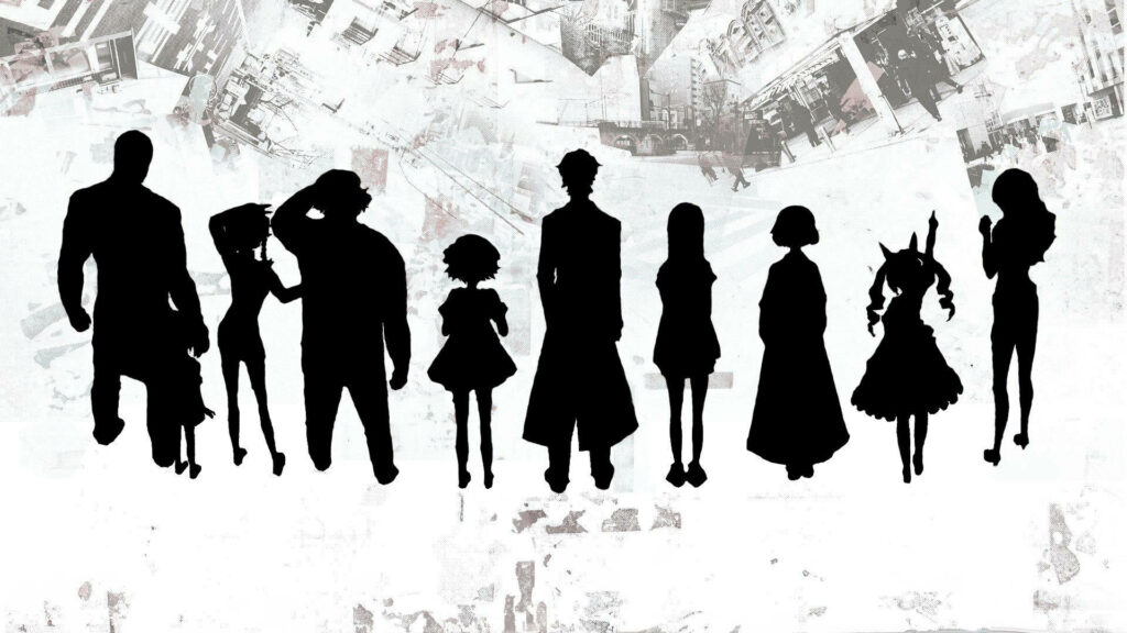 Intriguing Monochrome Snapshot: Shadows of Steins Gate Characters Grace a Cool and Creative Background Wallpaper