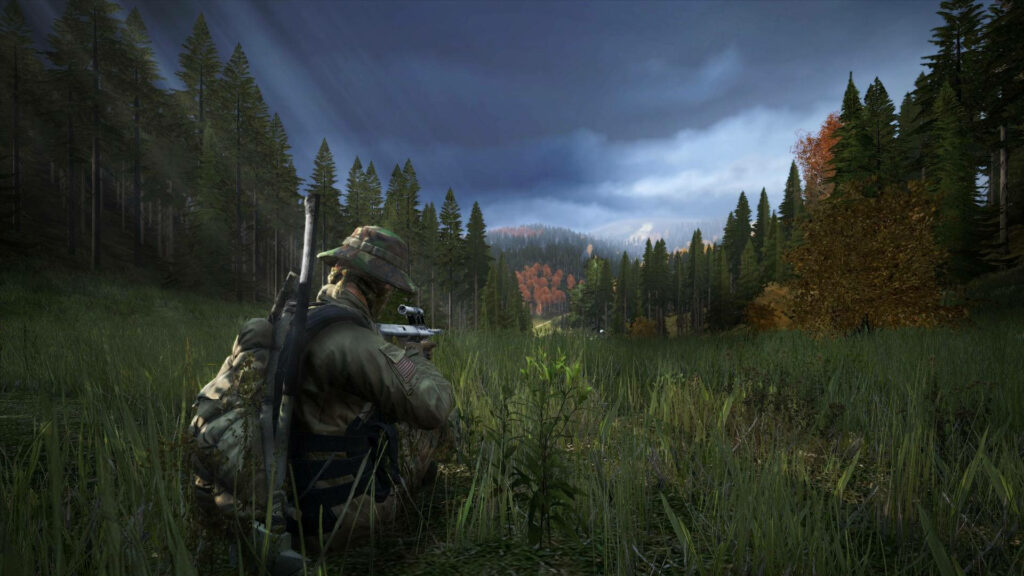 Through the Lens of the DayZ Sniper: A Suspenseful Encounter in Nature's Sanctuary Wallpaper