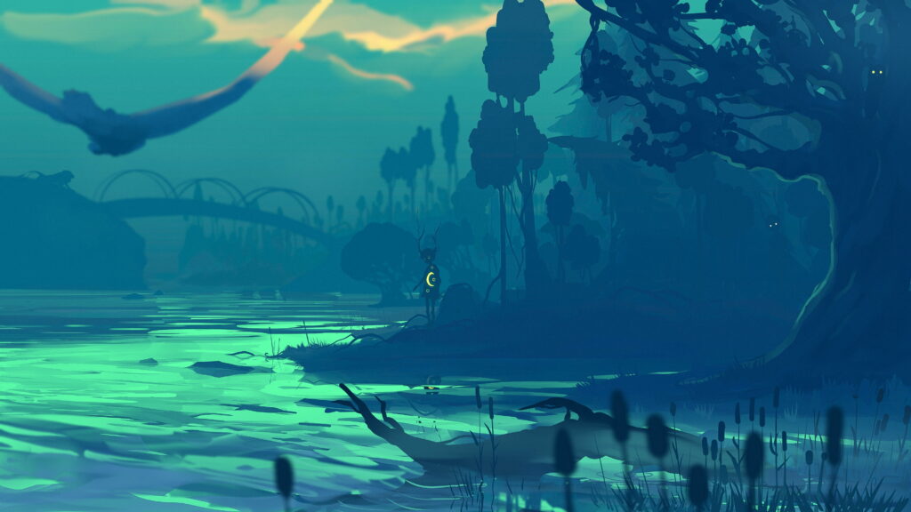 Mystical River's Embrace: Dark Silhouette Blending Artistry in HD Wallpaper Background