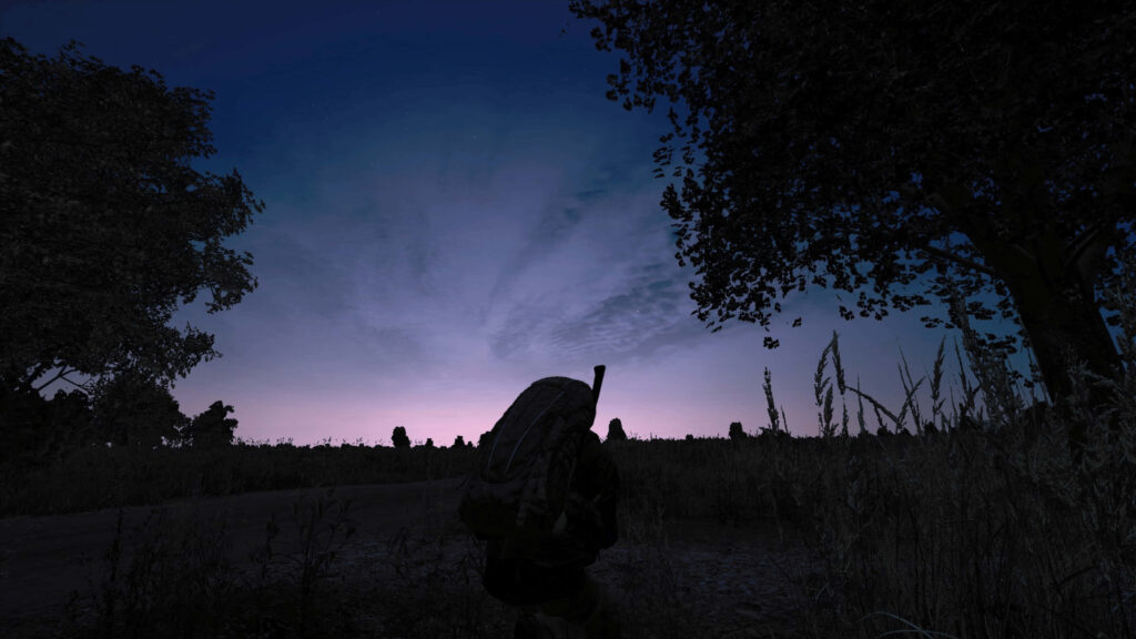 Dawn's Stealthy Guardian: A Mesmerizing DayZ Epoch Mod Image of a Silhouetted Video Game Character Crouching in the Field at Sunrise Wallpaper