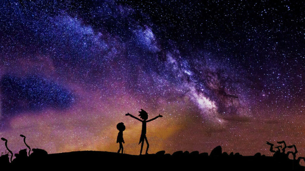 Rick and Morty silhouette against vibrant purple Milky Way galaxy cosmic wallpaper background