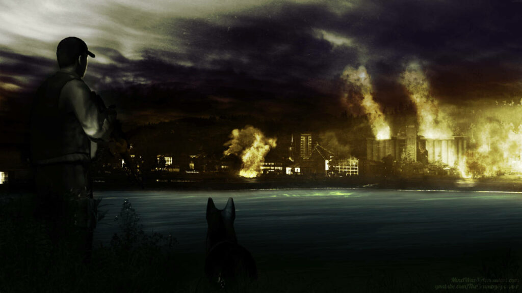 Silent Witness: A Lone Figure and Loyal Companion Gazing Upon the Fiery Cityscape at Night Wallpaper
