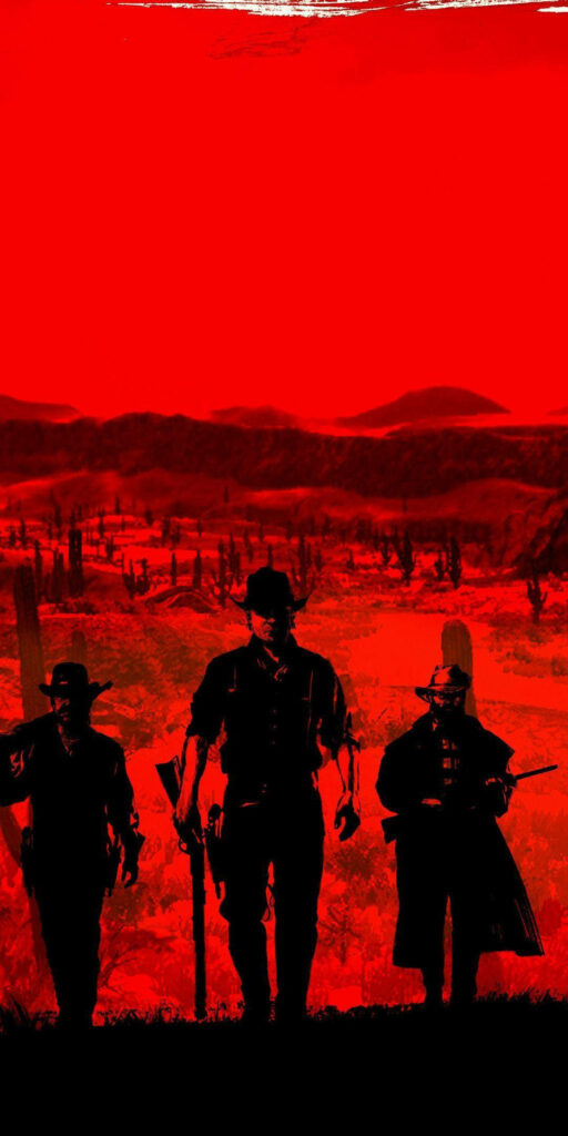 The Majestic Shadows: Red Dead Redemption Characters Embracing an Enchanting Crimson Land Wallpaper