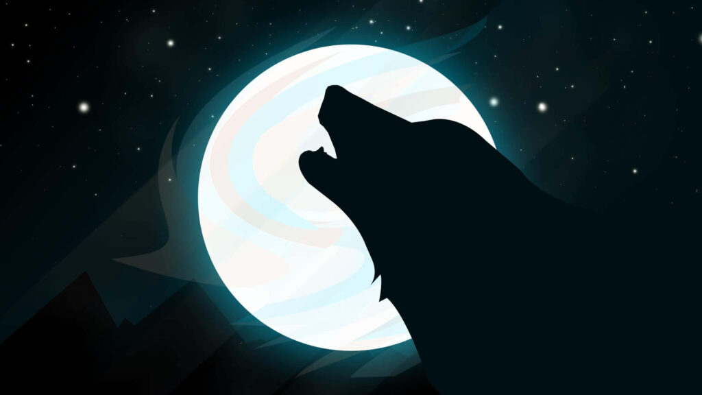 Silhouetted Wolf Howling at Luminous Full Moon – Cosmic Wallpaper