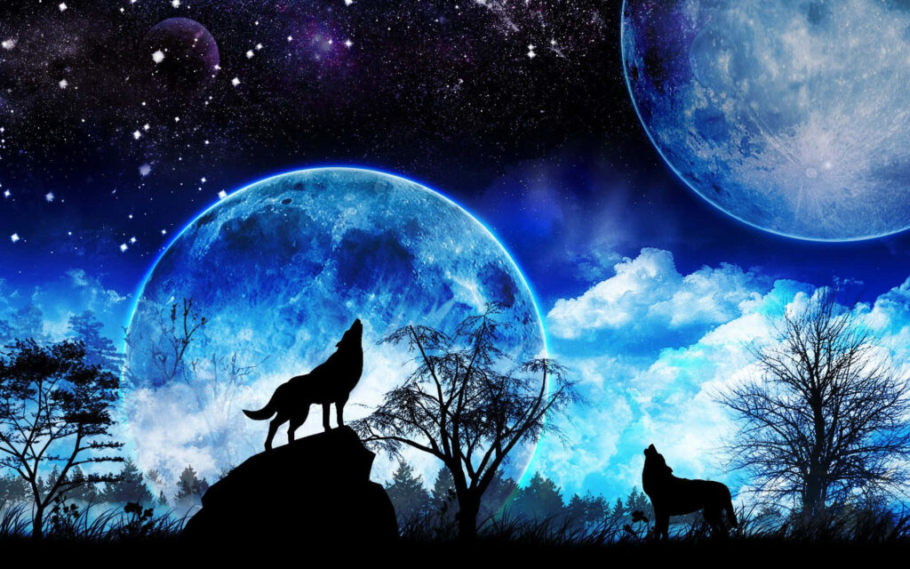 Enchanting Wolf Howling at Moon - Mystical Landscape Wallpaper