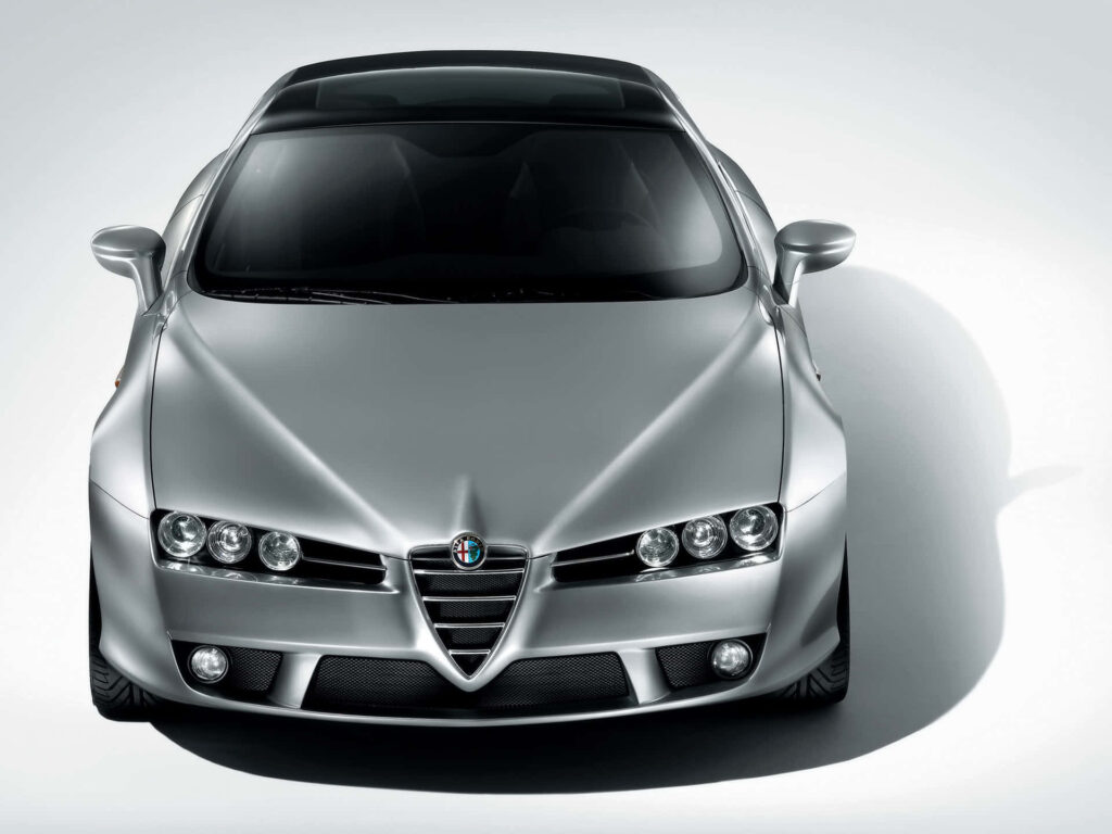 Front view of silver Alfa Romeo Brera with sporty design and distinctive grille wallpaper background