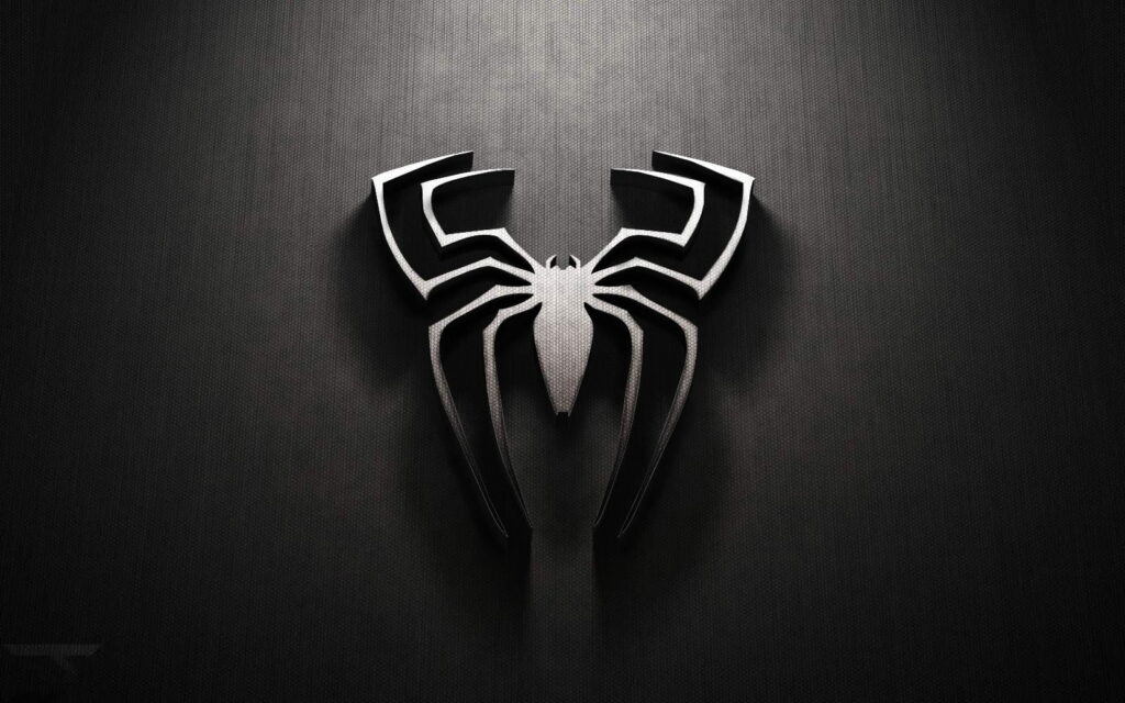 High-def Black Spiderman logo wallpaper in silver and black on textured dark background