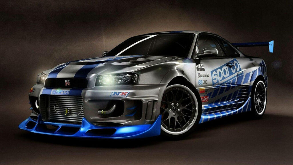 Silver and blue Nissan GT-R Fast and Furious sports car wallpaper with iconic racing livery