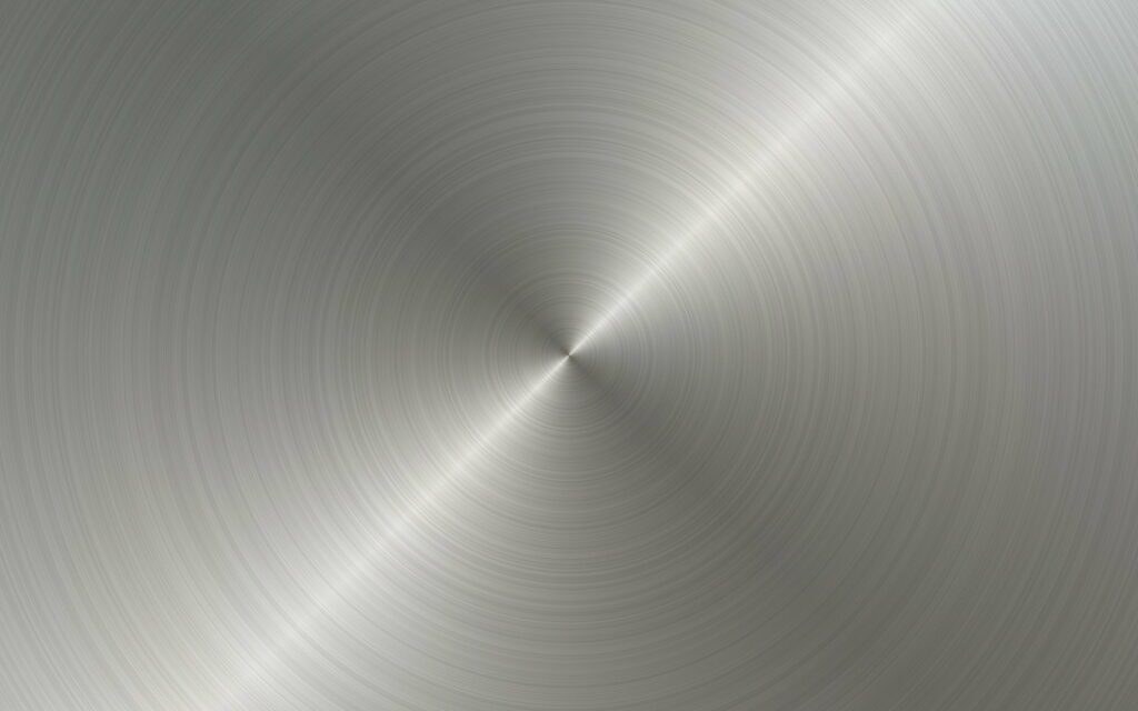 High-resolution radial brushed metal wallpaper with polished silver concentric circles and chrome finish