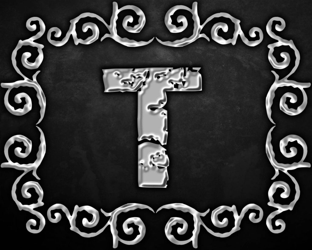 Silver distressed Letter T wallpaper with gothic scrollwork on dark textured background