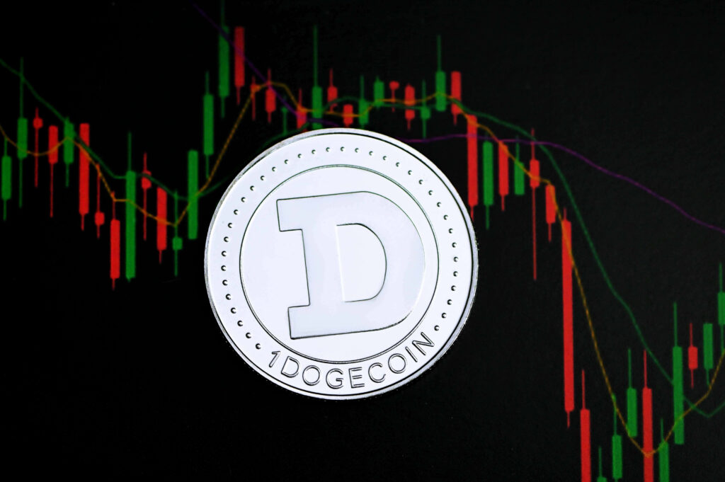 Silver Dogecoin with vibrant candlestick crypto charts background showing digital finance rise Wallpaper