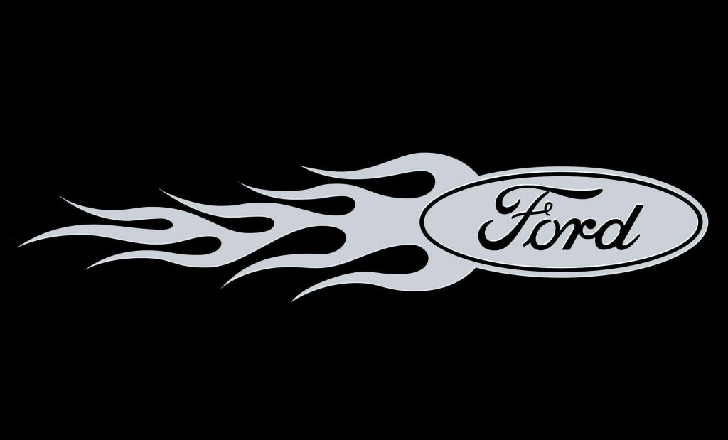Sharp digital Ford logo with racing flames on black background automotive wallpaper design