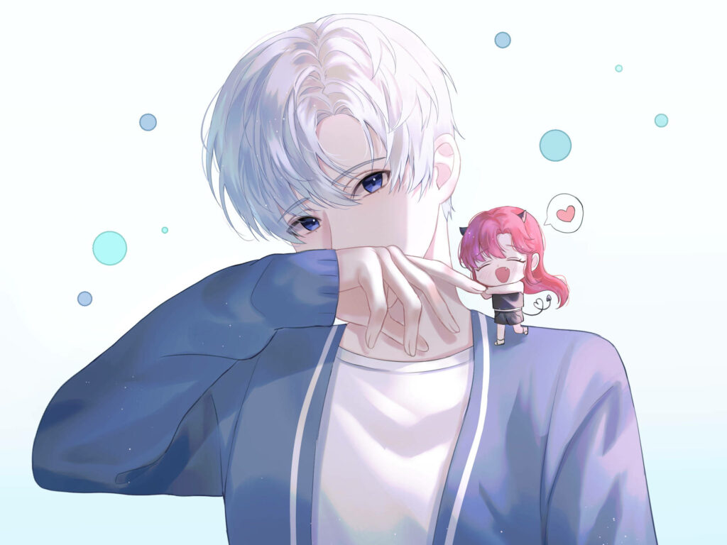 Captivating Interactions: A Silver-Haired Anime Heartthrob Assists a Joyful Chibi Companion Wallpaper
