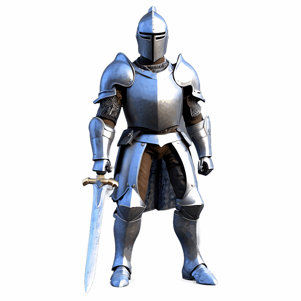 Silver knight in detailed medieval armor holding glowing sword on smooth blue gradient background Wallpaper