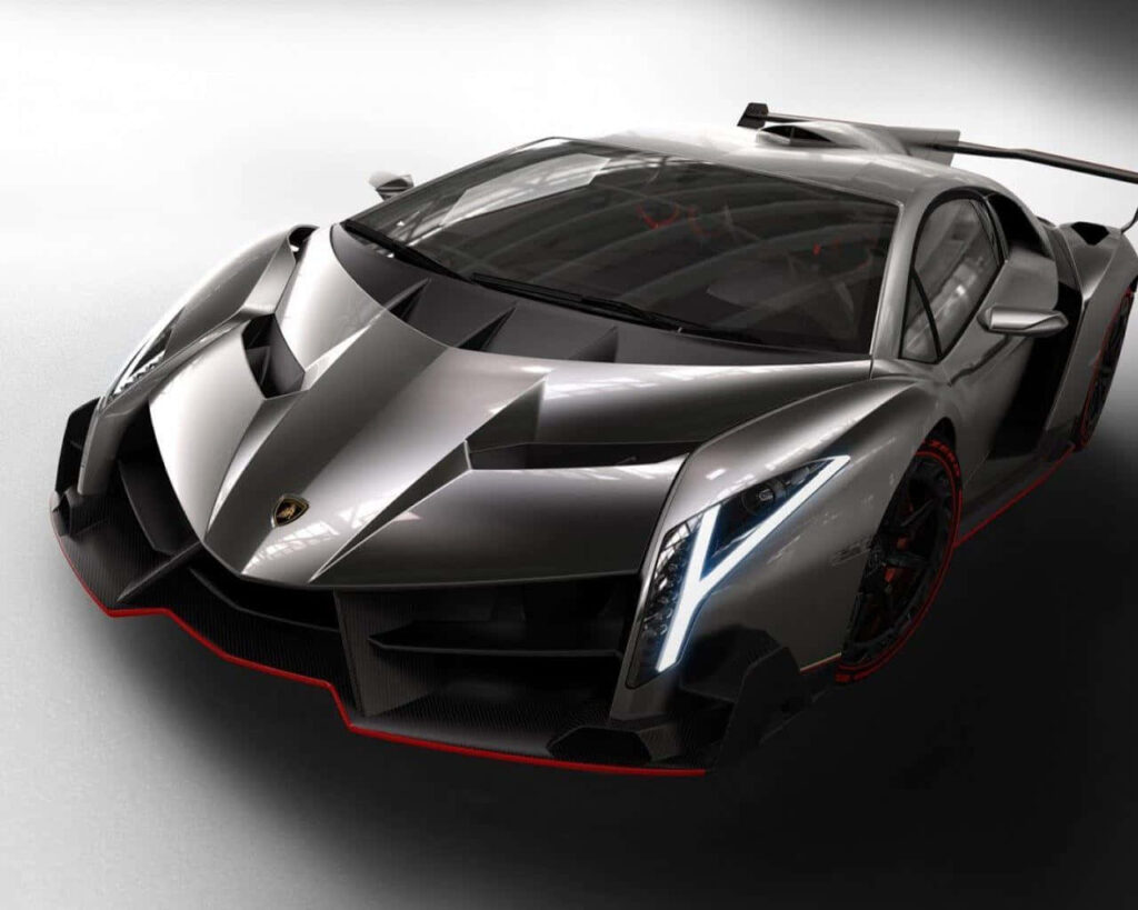 Silver Lamborghini Veneno with red accents and aerodynamic design automotive wallpaper background