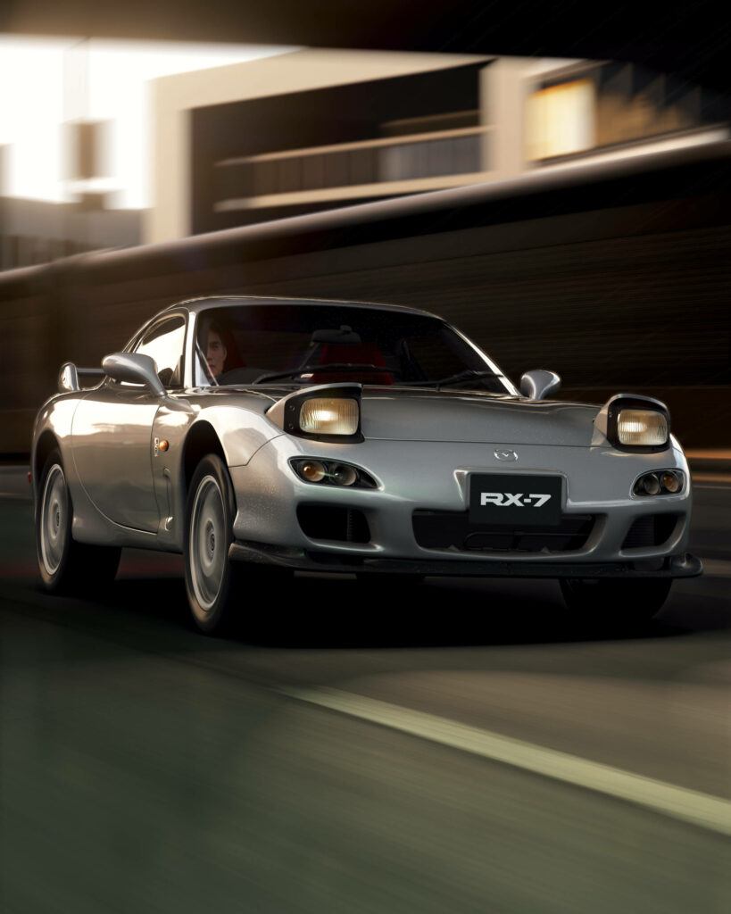 Silver Mazda RX7 sports car speeding on city street dynamic wallpaper background motion excitement