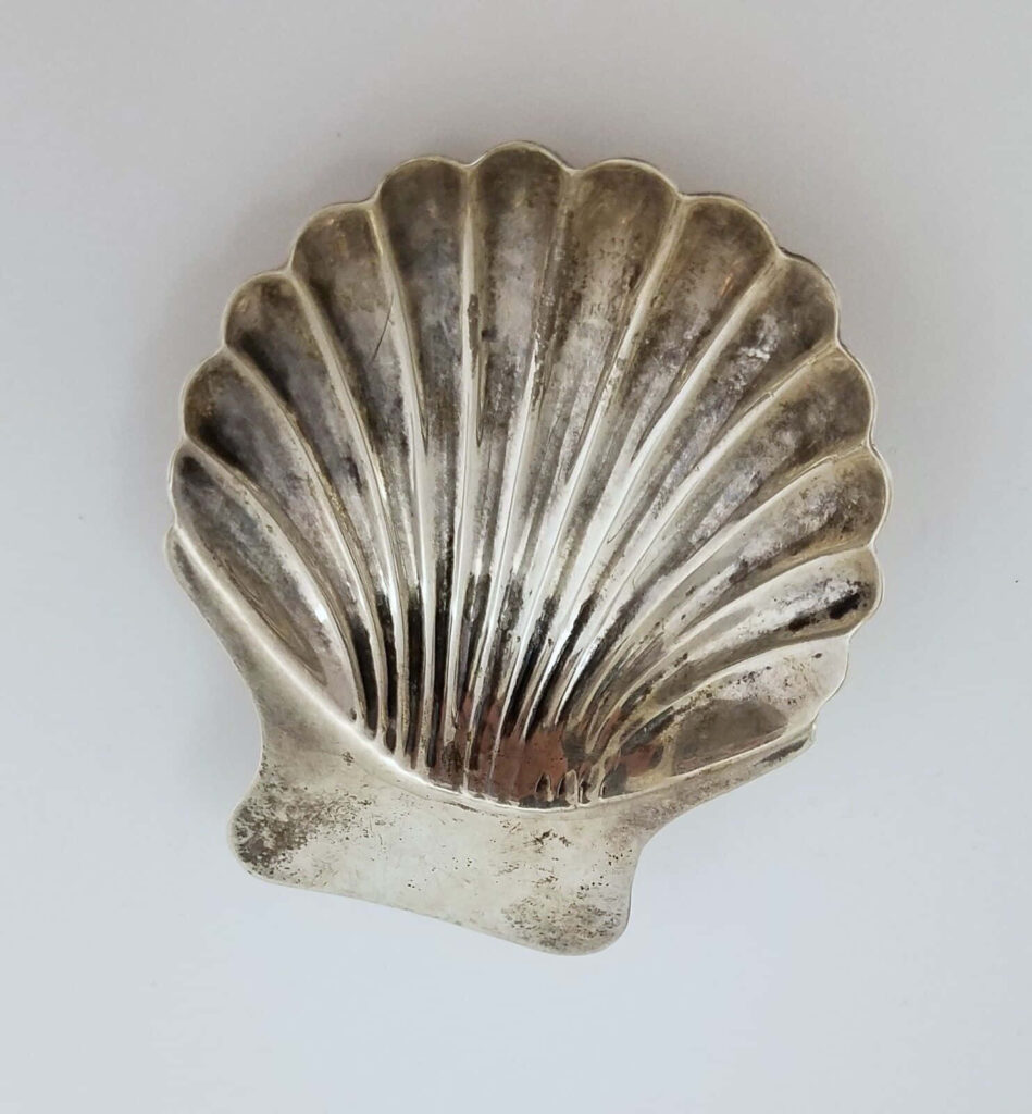 Metallic silver clam shell wallpaper on white background with detailed ridges and coastal theme