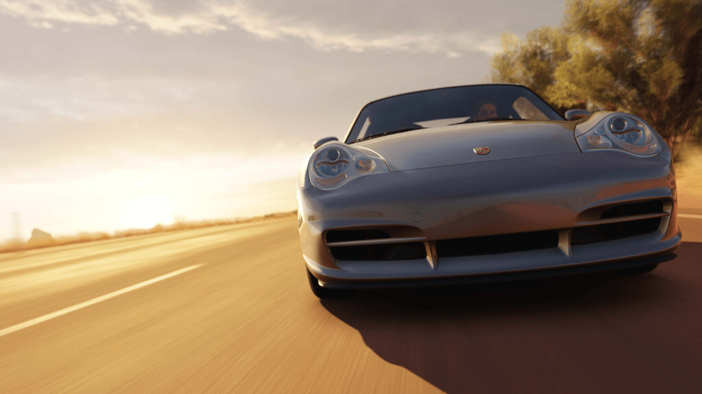 Silver Porsche speeding on sunlit highway at sunset high performance driving Forza wallpaper