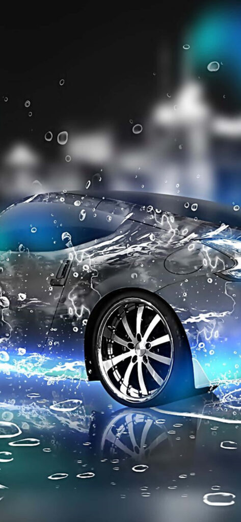 Silver sports car speeding through splashing water futuristic dynamic desktop wallpaper background