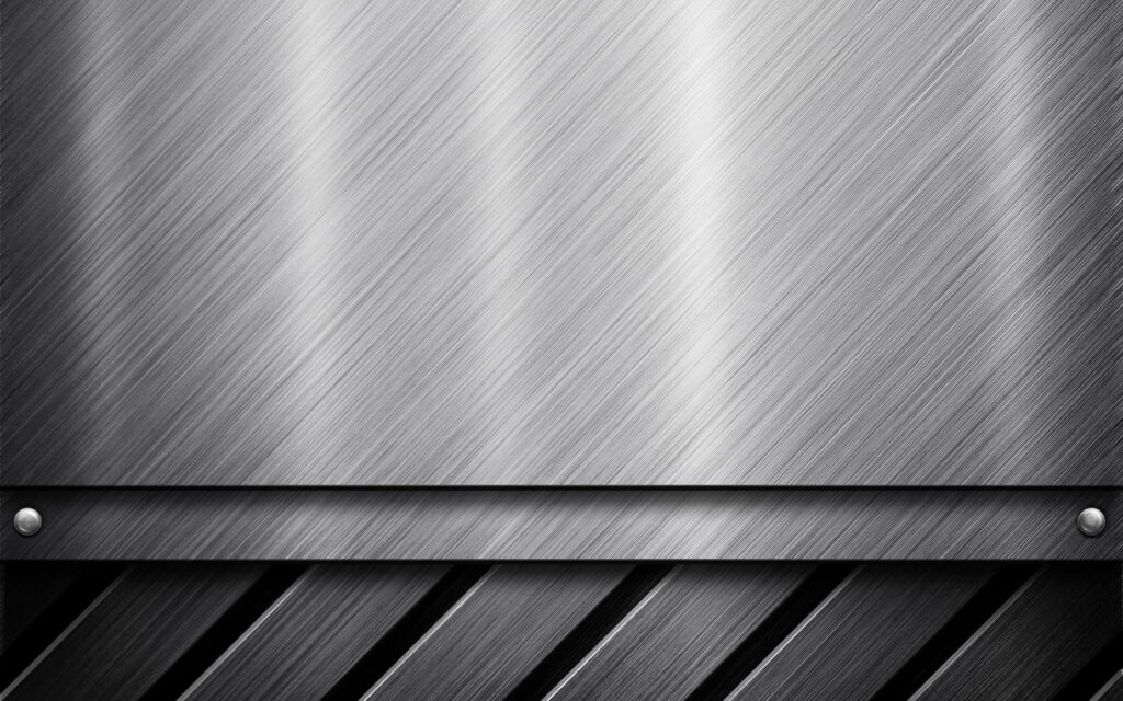 Brushed stainless steel digital wallpaper with riveted plate and dark diagonal metal slats background