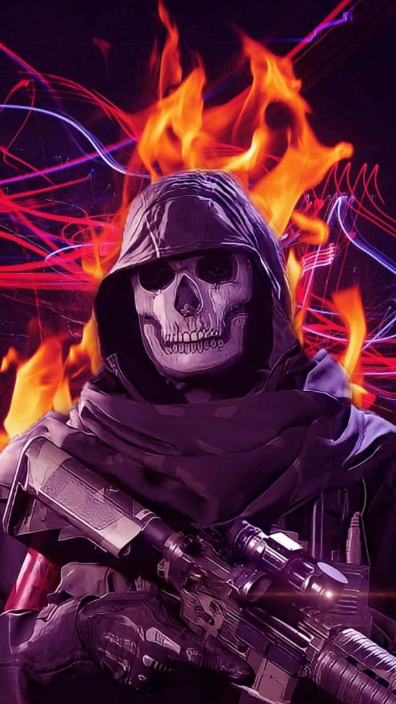 Simon Ghost Riley in skull mask with flames and neon trails Call of Duty Modern Warfare II wallpaper