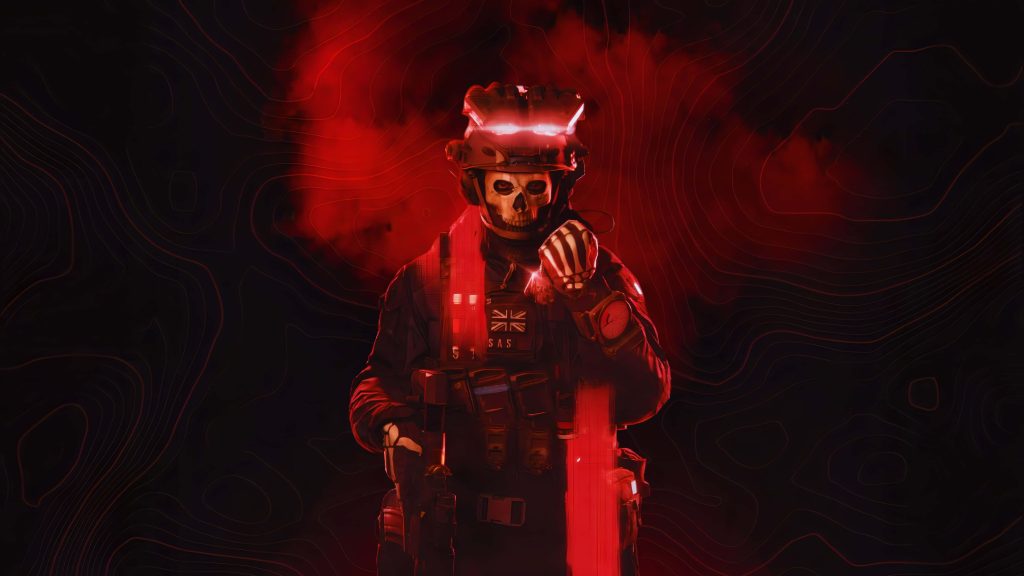 Simon Ghost Riley MW2 tactical gear digital art with smoky topographic map background red glow Wallpaper