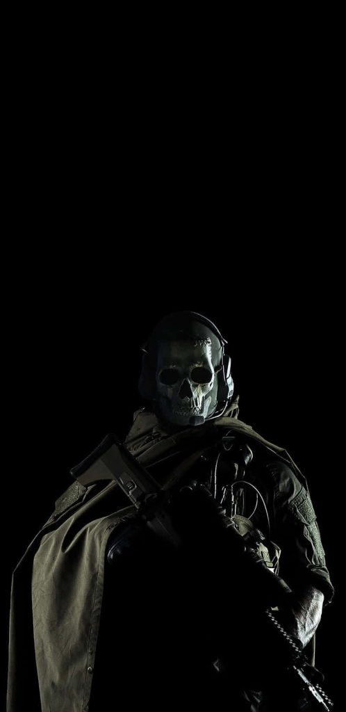 Simon Ghost Riley MW2 wallpaper featuring skull mask tactical gear dark cinematic portrait