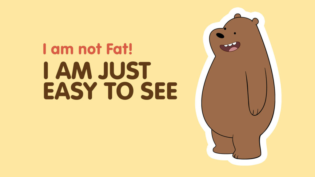We Bare Bears Grizz cartoon wallpaper with witty fat quote on light yellow minimalist background