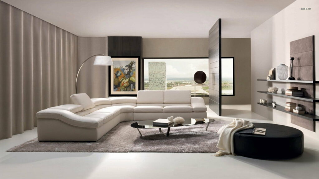 Minimalist Lounge: A Cozy Setting with Chic Furnishings, Ambient Lighting, and a High-Definition Wallpaper Backdrop