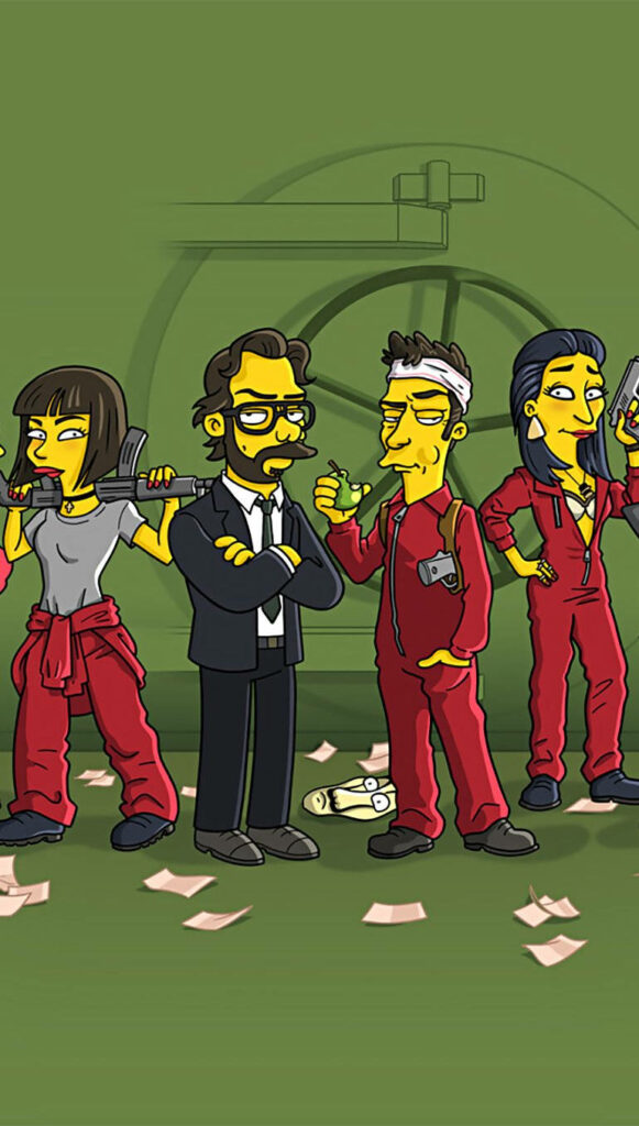 Animated Criminal Masterminds: Money Heist Characters Embrace the Gunpowder Yellow-Green Wallpaper