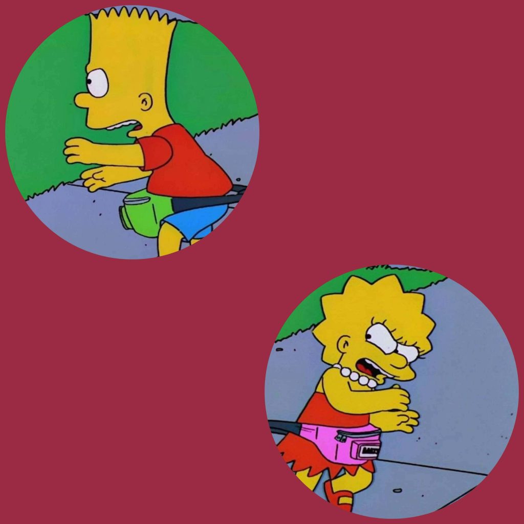 Bart and Lisa Simpson matching profile pictures with retro fanny packs on maroon background Wallpaper