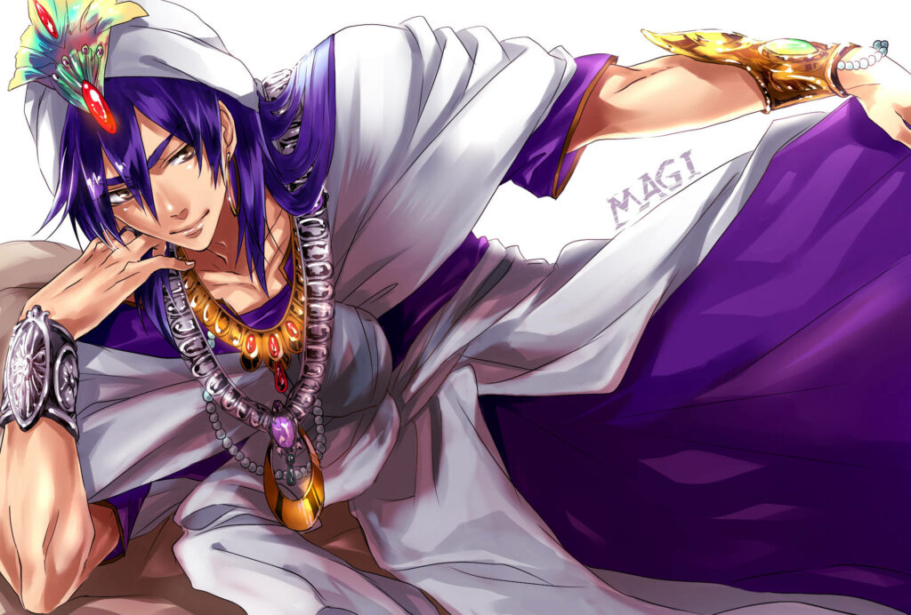 Sinbad from Magi in luxurious robes and ornate jewelry reclining in vibrant landscape wallpaper