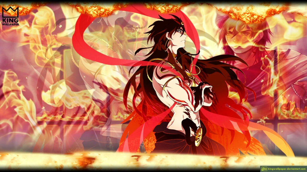 Sinbad from Magi The Labyrinth of Magic with swirling rukh and flames wallpaper background