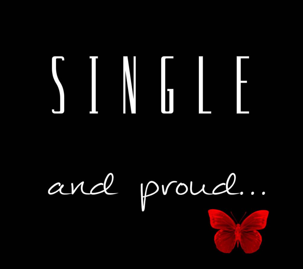 Minimalist Single and Proud wallpaper with bold white text and vibrant red butterfly on black background