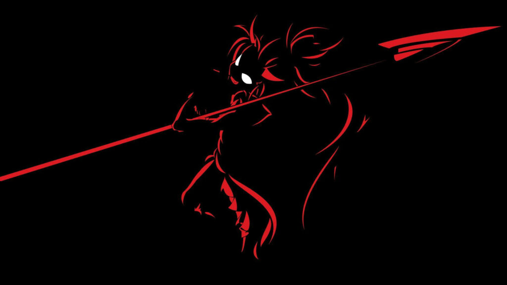 Crimson Devil's Inferno: Striking HD Image of a Fiery Demon with a Pitchfork on a Pitch-Black Canvas Wallpaper