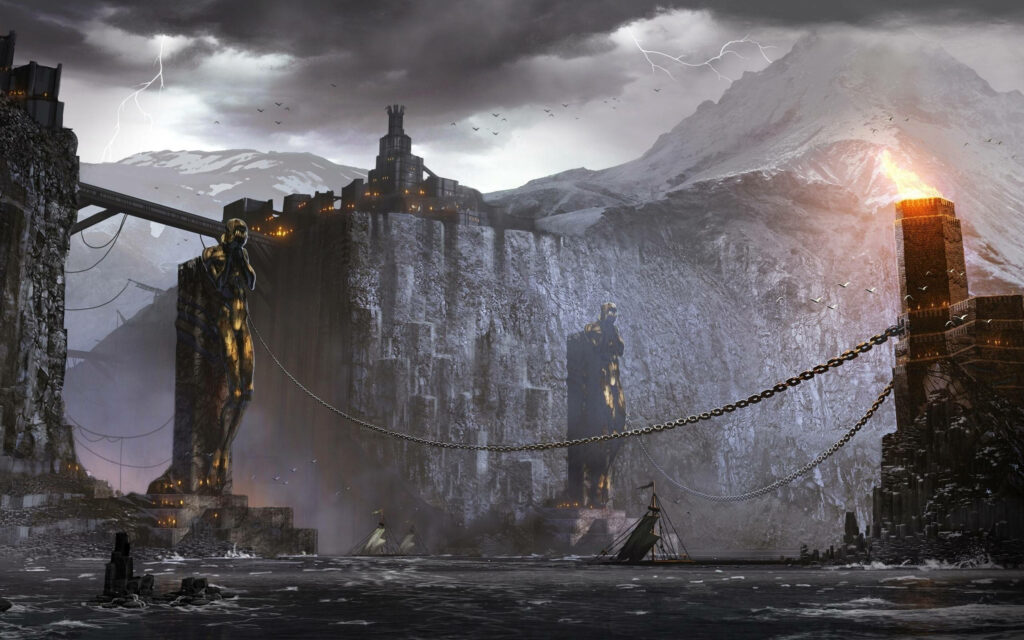 Epic Dragon Age: Inquisition Wallpaper with Dark Fantasy Landscape & Stormy Sky