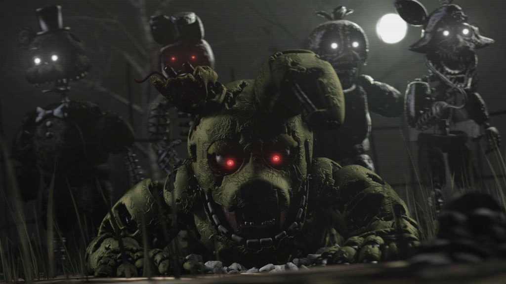 Decayed Springtrap with glowing red eyes creeps forward with withered animatronics in shadows Wallpaper