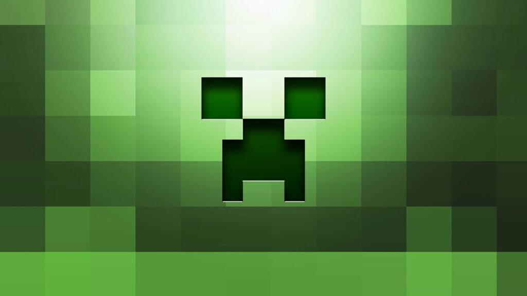 Sinister green Minecraft Creeper face on dark pixelated background digital art wallpaper