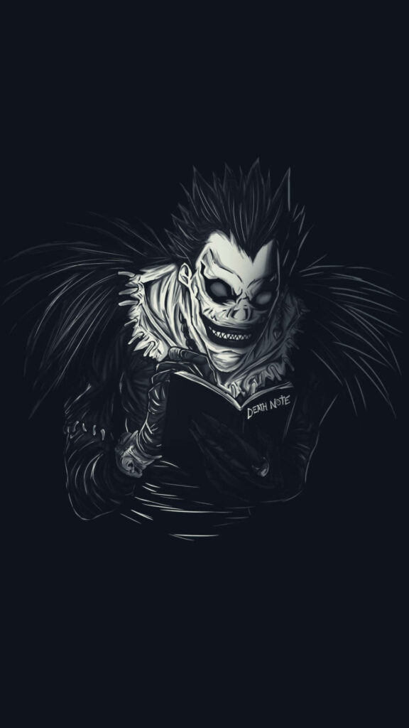 Dark Whispers: Ryuk's Grim Encounter with the Death Note Wallpaper