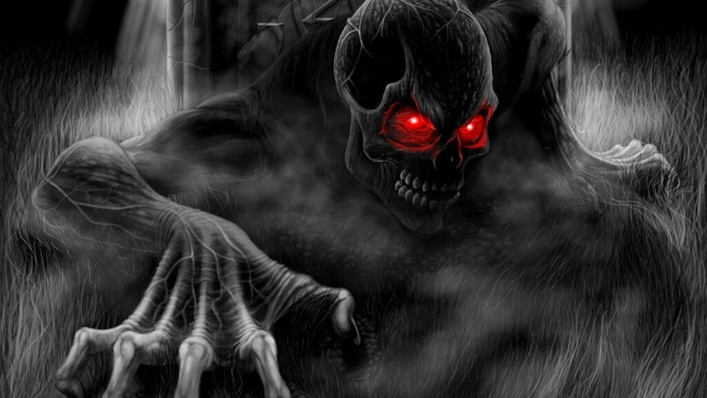 Spectral Sinister: Eerie Black Devil Creeping on Grass - B&W HD Background Image Wallpaper