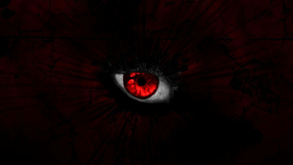 Sinister Gaze: Captivating Red Devil's Eye on Dark Textured Background Wallpaper