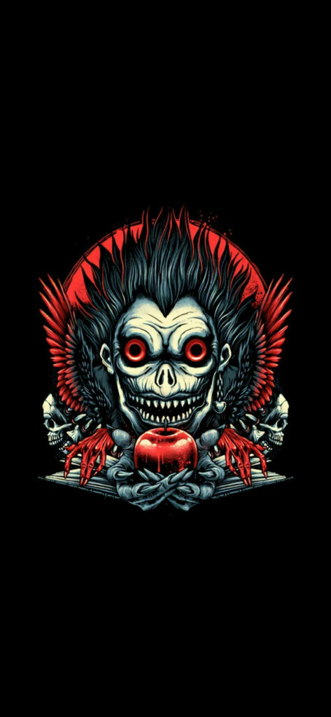 Red Apple of Destruction: Sinister Death Note Wallpaper Featuring the Enigmatic Shinigami Ryuk