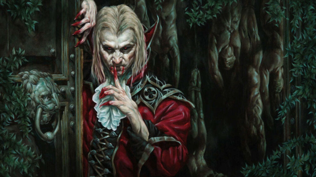 Sinister vampire with sharp fangs bloodstained hands dark ivy background eerie atmosphere wallpaper